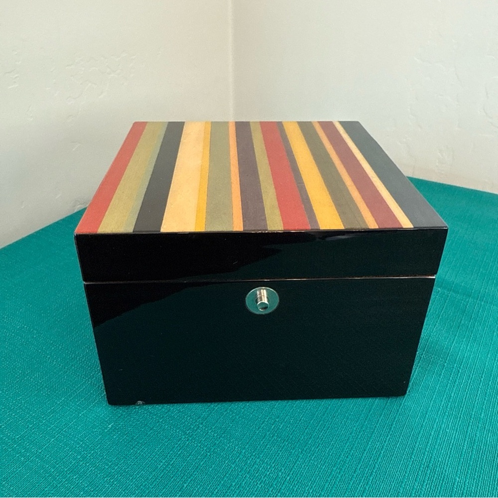 Vintage Ercolano Wooden Multicolor Striped Black Artistic Jewelry Box 6”x6”x4”